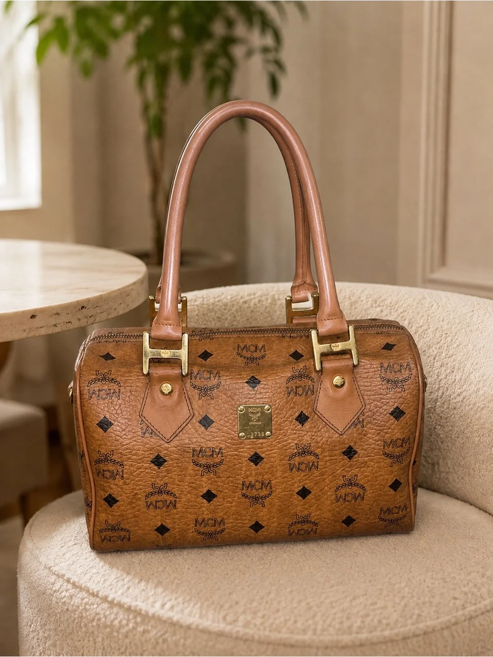 Vintage MCM Cognac Visetos Boston Bag Satchel with Shoulder Strap